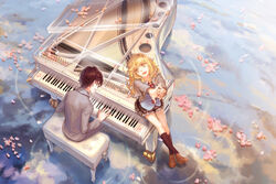  arima_kousei blonde_hair brown_hair glasses instrument kneehighs male miyazono_kawori mizukai petals piano seifuku shigatsu_wa_kimi_no_uso skirt tie water yellow_eyes 