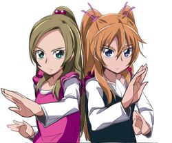  2girls blue_eyes brown_hair commentary_request fighting_stance green_eyes hair_bobbles hair_ornament haiteku houjou_hibiki looking_at_viewer minamino_kanade multiple_girls orange_hair partial_commentary precure simple_background suite_precure two_side_up white_background 