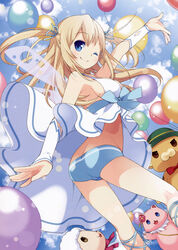  :d ;) absurdres amagi_brilliant_park aqua_ribbon arm_up ass balloon blue_eyes blue_panties breasts brown_eyes cameltoe detached_sleeves dress female floating_hair green_hat hair_ribbon hat highres light_brown_hair long_hair looking_at_viewer macaron_(amaburi) matsuda98 medium_breasts moffle neck_ribbon one_eye_closed open_mouth panties photoshop_(medium) red_ribbon ribbon sideboob smile sylphy_(amaburi) tiramii two_side_up underwear white_dress 