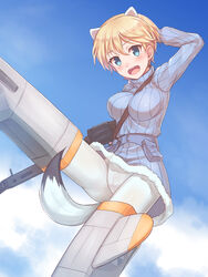  animal_ears bangs belt between_breasts blonde_hair blue_eyes blue_sky blue_sweater blush brave_witches breasts cameltoe cloud commentary day ermine_ears ermine_tail flying fur_trim gun hand_behind_head konnyaku_(kk-monmon) large_breasts laughing machine_gun mecha_musume nikka_edvardine_katajainen open_mouth pantyhose pouch ribbed_sweater short_hair sky solo strap_cleavage striker_unit sweater tail turtleneck turtleneck_sweater weapon white_legwear world_witches_series 