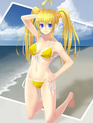  ahoge barefoot beach bikini blonde_hair blue_eyes border_break cloud commentary_request damegane day ecm-ko_(kumabukuro) explosive female front-tie_top grenade highres kneeling light_smile navel personification photoshop_(medium) shadow shiny_skin side-tie_bikini_bottom solo swimsuit test_type_ecm_grenade twintails weapon 