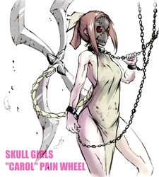  bad_id bad_pixiv_id bare_legs blood blood_on_clothes bondage breasts brown_hair chained chains character_name collar copyright_name cuffs dress female hakuaki huge_weapon mask medium_breasts nail painwheel_(skullgirls) red_eyes shackles shuriken side_slit sideboob skullgirls solo veins weapon 