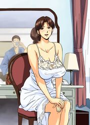  1boy :d bare_shoulders breasts brown_eyes brown_hair camera chair chemise cirima cleavage curtains curvy desk female glasses hair_bun hikaru_no_go holding huge_breasts indoors lace lamp looking_at_viewer mature_female mirror open_mouth own_hands_together parted_bangs phone reflection sagging_breasts see-through shindou_mitsuko shirt short_hair single_hair_bun sitting smile taut_clothes taut_shirt v_arms 