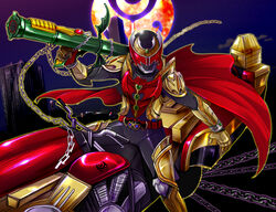  1boy armor belt cape commentary_request full_armor gold_armor kamen_rider kamen_rider_kiva kamen_rider_kiva_(emperor_form) kamen_rider_kiva_(series) male_focus photoshop_(medium) rocket_launcher solo tokusatsu weapon yk_(waikeee) 