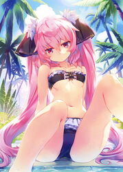  absurdres aquaplus arm_support arms_behind_back bare_arms bare_legs bare_shoulders bikini black_bikini black_ribbon blue_sky blush breasts bush closed_mouth cloud cloudy_sky collarbone cross-laced_clothes day dungeon_travelers_2 female frilled_bikini frills glint groin hair_ornament hair_ribbon highres jitome knees_up leaf legs_apart lilian_craper long_hair looking_at_viewer medium_breasts navel outdoors palm_tree pink_eyes pink_hair pool poolside red_eyes ribbon shiny_skin sidelocks sitting sky soaking_feet solo stomach sumaki_shungo sweat swimsuit tree twintails underboob very_long_hair wading water wet 