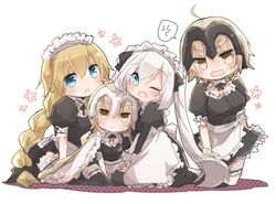  4girls :&lt; ;d alternate_costume blonde_hair blue_eyes blush chibi closed_mouth commentary_request enmaided fate/apocrypha fate/grand_order fate_(series) furrowed_brow hat headpiece jeanne_d&#039;arc_(fate) jeanne_d&#039;arc_(ruler)_(fate) jeanne_d&#039;arc_alter_(avenger)_(fate) jeanne_d&#039;arc_alter_(fate) jeanne_d&#039;arc_alter_santa_lily_(fate) long_hair looking_at_viewer maid marie_antoinette_(animejapan_2016)_(fate) marie_antoinette_(fate) multiple_girls official_alternate_costume one_eye_closed open_mouth shio_kuzumochi short_hair smile twintails v-shaped_eyebrows wavy_mouth white_hair yellow_eyes 