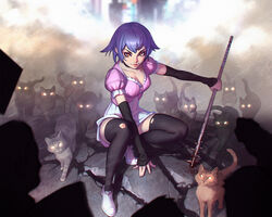  animal ayane_(wayward) blue_hair cropped feline ilya_kuvshinov thighhighs torn_clothes wayward yellow 