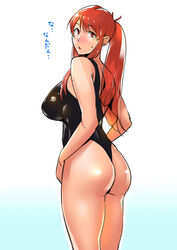  ass blush breasts commentary_request female large_breasts leotard long_hair looking_at_viewer looking_back ojo_(dfreak) original red_eyes red_hair simple_background solo thighs thong_leotard translated white_background 