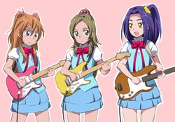  3girls aria_gakuen_school_uniform blue_eyes blue_skirt bow brown_hair commentary_request electric_guitar green_eyes guitar hair_bobbles hair_ornament haiteku houjou_hibiki instrument kurokawa_eren long_hair minamino_kanade multiple_girls one_side_up open_mouth orange_hair partial_commentary pink_background pink_bow precure purple_hair school_uniform seiren_(suite_precure) simple_background skirt suite_precure two_side_up yellow_eyes 