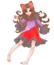  animal_ears barefoot blouse brooch brown_hair capelet commentary_request fangs female fingernails full_body highres imaizumi_kagerou jewelry long_fingernails long_hair long_sleeves ma_nyan_(nyao_mao_nyao) nail_polish purple_shirt red_eyes red_skirt shirt skirt solo touhou very_long_hair wavy_hair wolf_ears 