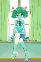  1boy bare_shoulders barefoot brown_eyes commentary_request feet flat_chest green_hair highres hinotsuki_neko indoors legs male_focus original otoko_no_ko personification pluto-kun plutonium radiation_symbol sitting skirt sleeveless smile soles solo twintails window 