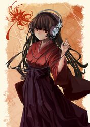  anachronism bad_id bad_pixiv_id brown_hair cable exfeet female floral_print flower hakama hakama_skirt headphones highres hime_cut japanese_clothes katana kimono long_hair looking_at_viewer meiji_schoolgirl_uniform original purple_hakama red_eyes red_kimono sheath sheathed skirt solo spider_lily spider_lily_print sword weapon 