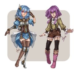  2014 2girls alpha_(acerailgun) android ascot blue_hair blush_stickers boots borrowed_character c-r-y-s commentary english_commentary full_body gears ghost green_eyes isabelle_(acerailgun) joints long_hair multiple_girls original pink_eyes pink_footwear purple_hair robot_joints short_shorts shorts signature steampunk suspenders thigh_boots thighhighs transparent_background 