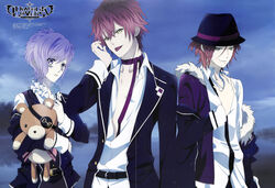  3boys absurdres brown_hair diabolik_lovers green_eyes hat highres multiple_boys photoshop_(medium) purple_eyes purple_hair sakamaki_ayato sakamaki_kanato sakamaki_laito short_hair smile stuffed_animal stuffed_toy teddy_(diabolik_lovers) teddy_bear tongue 