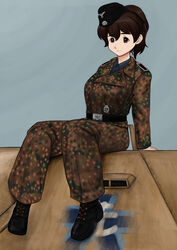  brown_eyes brown_hair commentary_request emblem epaulettes female garrison_cap girls_und_panzer hair_ribbon hat highres jagdpanzer_38(t) komii koyama_yuzu long_hair looking_at_viewer military military_uniform military_vehicle motor_vehicle on_vehicle ooarai_(emblem) ponytail reichsadler ribbon solo tank tank_destroyer totenkopf uniform world_war_ii 