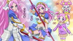  2girls age_progression ai-chan_(dokidoki!_precure) armor armored_dress baby blue_eyes choker commentary_request dokidoki!_precure dress eyelashes gloves hair_bun hairband heart_hair_bun jacket mameshiba_(pixiv_59310) marie_ange midriff miniskirt multiple_girls multiple_persona navel panties photoshop_(medium) pink_hair precure purple_panties short_hair skirt spoilers staff thighhighs twintails underwear 