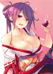  :d absurdres ahoge alcohol arm_at_side arm_support bare_shoulders blush breasts brown_pantyhose budget_sarashi bust_cup choko_(cup) cleavage collarbone cup drunk dungeon_travelers_2 eyelashes female fingernails folded_ponytail half-closed_eyes highres holding holding_cup houzouji_yae japanese_clothes kokonoka large_breasts long_hair looking_at_viewer nontraditional_miko obi off_shoulder open_mouth original pantyhose purple_hair red_eyes red_ribbon ribbon ribbon-trimmed_sleeves ribbon_trim rope sake sarashi sash short_sleeves sidelocks sitting skindentation smile solo wide_sleeves 