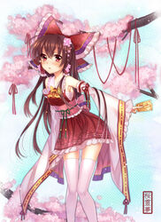  adapted_costume arm_ribbon armpits bad_id bad_pixiv_id bent_over between_fingers blush bow branch brown_hair cherry_blossoms detached_sleeves embellished_costume female flower frilled_skirt frills hair_flower hair_ornament hair_tubes hairbow hakurei_reimu holding long_hair long_sleeves looking_at_viewer miniskirt obi ofuda pink_eyes red_bow red_ribbon red_skirt ribbon sarashi sash skirt solo thighhighs touhou umeko_(koori_ume) very_long_hair white_thighhighs wide_sleeves zettai_ryouiki 