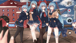  6+girls absurdres arm_hug black_legwear blue_eyes blue_hair blush blush_stickers bow braid cardigan censored chibi clothes_around_waist commentary_request enuni fubuki_(mod)_(warship_girls_r) fubuki_(warship_girls_r) hairbow hand_on_another&#039;s_shoulder harbor hatsuyuki_(warship_girls_r) highres hiyou_(warship_girls_r) identity_censor inazuma_(mod)_(warship_girls_r) inazuma_(warship_girls_r) long_hair looking_at_another looking_at_viewer low-tied_long_hair md5_mismatch miniskirt miyuki_(warship_girls_r) multiple_girls nose_blush petticoat quincy_(warship_girls_r) red_eyes scared school_uniform serafuku shirayuki_(warship_girls_r) skirt skirt_grab standing taking_picture thighhighs thumbs_up twin_braids very_long_hair warship_girls_r white_legwear 