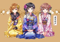  3girls adagaki_aki black_eyes black_gloves black_hair blue_kimono blunt_bangs blush braid brown_eyes brown_hair closed_mouth commentary_request floral_print fujinomiya_neko fur_trim furisode gloves hair_between_eyes hair_ornament highres japanese_clothes kimono koiwai_yoshino light_brown_hair long_sleeves looking_at_viewer masamune-kun_no_revenge mole mole_under_eye multiple_girls new_year obi open_mouth partial_commentary pink_kimono sash sitting smile tiv wide_sleeves yellow_kimono 