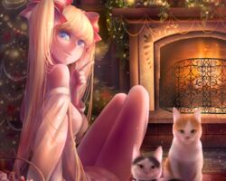  animal blonde_hair blue_eyes christmas cropped dress feline fire original ribbons silentcity tree twintails 