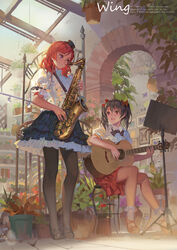  2girls acoustic_guitar aircraft airplane alphonse_(white_datura) black_hair black_legwear blouse bookshelf bow bowtie bug butterfly chinese_commentary commentary_request frilled_skirt frills grey_eyes guitar hairbow hat instrument italian_text lolita_fashion love_live! love_live!_school_idol_project lyrics mary_janes md5_mismatch mini_hat mini_top_hat multiple_girls music_stand nishikino_maki open_mouth pantyhose partial_commentary photoshop_(medium) plant potted_plant puffy_short_sleeves puffy_sleeves red_eyes red_hair saxophone shirt shoes short_sleeves sitting skirt smile socks standing stool tenor_saxophone top_hat twintails white_shirt white_socks yazawa_nico 