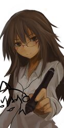  bad_id bad_pixiv_id brown_eyes brown_hair drawing dress_shirt earphones exfeet expressionless female foreshortening glasses head_tilt long_hair looking_at_viewer original shirt simple_background solo stylus white_background 