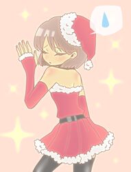  bare_shoulders christmas closed_eyes dress elbow_gloves female fingerless_gloves frisk_(undertale) santa_hat santa_suit short_hair undertale 