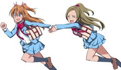  2girls ^_^ aria_gakuen_school_uniform bag blue_eyes blue_shirt blue_skirt bow bowtie brown_hair closed_eyes commentary_request hair_bobbles hair_ornament haiteku hand_grab holding_hands houjou_hibiki long_hair minamino_kanade multiple_girls open_mouth orange_hair partial_commentary pink_bow precure school_uniform shirt simple_background skirt socks suite_precure two_side_up white_background 