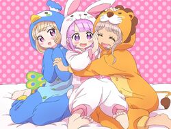  3girls :d ^_^ animal_costume bad_id bad_pixiv_id barefoot blush_stickers closed_eyes feet girl_sandwich hand_on_another&#039;s_face hug ikzw lion_costume manaka_non manaka_non_(normal) multiple_girls open_mouth penguin_costume polka_dot polka_dot_background pretty_series pripara purple_eyes purple_hair rabbit_costume sandwiched sitting sleeves_past_wrists smile soles sweatdrop taiyo_pepper tsukikawa_chili tsukikawa_chili_(normal) yokozuwari 