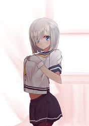  absurdres bad_id bad_pixiv_id blue_eyes blush breasts comrade_stalin female gloves grey_hair grey_skirt hair_ornament hair_over_one_eye hairclip hamakaze_(kancolle) hands_on_own_chest highres kantai_collection large_breasts looking_at_viewer neckerchief pantyhose pleated_skirt sailor_collar school_uniform serafuku short_hair short_sleeves skirt solo white_gloves yellow_neckerchief 