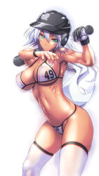  aqua_eyes baseball_bat baseball_helmet bikini breasts cleavage commentary_request covered_nipples dark-skinned_female dark_skin female ganguro gloves helmet highres large_breasts long_hair looking_at_viewer navel original parted_lips rakko_(r2) simple_background skindentation solo suketto_sanjou! swimsuit tattoo thick_thighs thighs thong thong_bikini toned underboob wendy_crawford white_background white_hair 