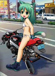  aircraft animal_ears bikini boots car cat_ears commentary_request female gloves green_eyes green_hair highres hover_bike lawson long_hair motor_vehicle on_vehicle original pappii_(paprika_shikiso) photoshop_(medium) real_world_location shio_no.9 solo swimsuit tail white_bikini 