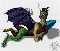  2013 antlers black_hair chimera conditional_dnp digital_media_(artwork) discord_(mlp) draconequus fangs feathered_wings feathers friendship_is_magic full-length_portrait fur hair hasbro horn looking_at_viewer male membrane_(anatomy) membranous_wings mismatched_wings multicolored_body multicolored_fur my_little_pony portrait scales signature simple_background solo teeth text urban-coyote white_background wings 