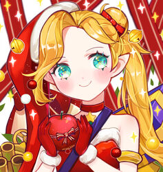  alternate_costume alternate_hair_color ambitious_elf_jinx apple artist_name bare_shoulders bell blue_eyes blush chinese_commentary choker commentary elf female food fruit gloves hat highres jingle_bell jinx_(league_of_legends) league_of_legends long_hair meowlian pointy_ears red_choker red_gloves santa_hat smile solo upper_body 