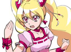  blonde_hair bow choker commentary_request cure_peach earrings female fresh_precure! haiteku jewelry long_hair magical_girl momozono_love pink_bow pink_choker pink_eyes pink_wrist_cuffs precure simple_background solo twintails white_background wrist_cuffs 