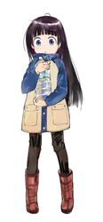  :o asasow black_hair blue_eyes boots bottle commentary_request copyright_request female lolicon long_hair pantyhose simple_background solo water_bottle 