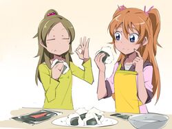  2girls apron blue_eyes blush_stickers brown_hair commentary_request eating food hair_bobbles hair_ornament haiteku houjou_hibiki long_hair minamino_kanade multiple_girls onigiri orange_hair partial_commentary precure rice suite_precure 