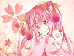  bad_id bad_pixiv_id cherry clow detached_sleeves female food fruit hatsune_miku headset long_hair pink_eyes pink_hair sakura_miku sitting solo thighhighs vocaloid 