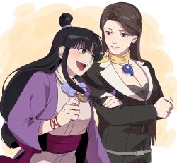  2girls :d black_hair blunt_bangs breasts brown_eyes brown_hair cleavage closed_mouth gs_1108 gyakuten_saiban highres jewelry large_breasts long_hair looking_at_another low-tied_long_hair magatama magatama_necklace mature_female maya_fey mia_fey multiple_girls necklace open_mouth siblings sidelocks sisters smile standing teeth topknot upper_teeth_only 
