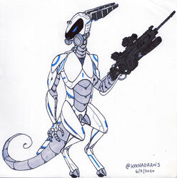  2020 4_fingers absurd_res ambiguous_gender armor biped blue_markings c4sp3r cyberpunk fingers full-length_portrait gun hi_res holding_object holding_weapon keenadraws long_tail machine machine_gun marker_(artwork) markings narrowed_eyes not_furry portrait ranged_weapon robot science_fiction screen screen_face shadowrun simple_background solo speaker standing synthetic tail tapering_tail traditional_media_(artwork) warforged weapon white_body 