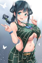  absurdres ahoge amano_nene_(vtuber) belly blush braid braided_ponytail breasts bug butterfly commentary_request cosplay dark_green_hair female green_eyes hair_ornament highres jojo_no_kimyou_na_bouken kntrs_(knyrs) kujo_jolyne kujo_jolyne_(cosplay) large_breasts midriff navel production_kawaii spider_web_print stone_ocean teeth tongue underboob virtual_youtuber wing_hair_ornament winged_hair_tie 