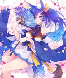  animal_ear_fluff animal_ears azur_lane bare_shoulders blue_eyes blue_hair breast_hold breasts closed_mouth collarbone commentary_request female flower folding_fan fox_ears hair_flower hair_ornament hand_fan highres holding holding_fan jintsuu_(azur_lane) jintsuu_(retrofit)_(azur_lane) large_breasts long_hair long_sleeves looking_at_viewer partial_commentary ponytail shichijou_natori smile solo tail thighs wide_sleeves 