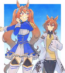  2girls agnes_tachyon_(umamusume) ahoge animal_ears brown_hair coat daiwa_scarlet_(umamusume) framed_breasts grin highres horse_ears horse_girl horse_tail long_hair long_sleeves multiple_girls sleeves_past_wrists smile stretching tail teeth test_tube umamusume underbust white_coat yoshidanoe 