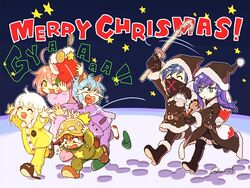  aged_down blue_hair christmas fayt_leingod fishnets gloves green_eyes hat in-franchise_crossover itsuki_(s2_129) leon_geeste long_hair maria_traydor mask mouth_mask multiple_boys multiple_girls open_mouth pajamas relia_(star_ocean) roger_s_huxley smile star_ocean star_ocean_anamnesis star_ocean_integrity_and_faithlessness star_ocean_till_the_end_of_time verda_kleiman winter_clothes 