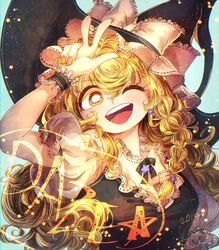  bad_id bad_pixiv_id black_headwear blonde_hair bright_pupils commentary dated earrings english_text eyelashes female hair_between_eyes hat highres jewelry kirisame_marisa long_hair looking_at_viewer nail_polish one_eye_closed open_mouth puffy_short_sleeves puffy_sleeves round_teeth short_sleeves smile star_(symbol) star_earrings teeth touhou w white_pupils witch_hat yellow_eyes yellow_nails yukkyon_kyon 