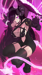  absurdres black_hair breasts demon_horns female glowing glowing_eyes hair_over_one_eye highres horns lewdicy light_trail long_hair original pink_eyes silk spider_web thighs 