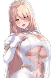  absurdres blonde_hair blush breasts commentary_request female hair_ornament hands_on_own_chest highres large_breasts long_sleeves looking_at_viewer navel nijisanji nui_sociere nui_sociere_(6th_costume) oerba_yun_fang open_mouth see-through simple_background skin_fang slit_pupils smile solo underboob upanishi_mariko upper_body virtual_youtuber white_background yellow_eyes 