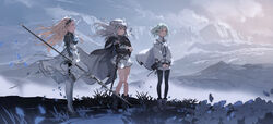  3girls armlet armor bare_legs black_footwear black_legwear blonde_hair boots bracer breasts cape cloud cloudy_sky fantasy flower gauntlets gloves grass hair_ornament hairband high_heels highres hirooka_masaki holding holding_polearm holding_weapon knife knife_sheath long_hair mountainous_horizon multiple_girls open_mouth original outdoors petals polearm red_eyes sheath short_hair skirt sky smile spear standing sword weapon white_hair white_legwear white_skirt wind yellow_eyes 