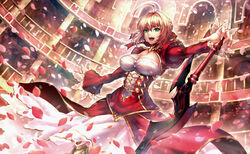  :d aestus_estus ahoge armored_boots blonde_hair boots colosseum commentary_request corset dress epaulettes fate/extra fate/grand_order fate_(series) female green_eyes hair_intakes juliet_sleeves leotard long_sleeves looking_at_viewer nasaniliu nero_claudius_(fate) nero_claudius_(fate/extra) open_mouth petals pixiv_fate/grand_order_contest_2 puffy_long_sleeves puffy_sleeves red_dress see-through smile solo sword v-shaped_eyebrows weapon white_leotard 